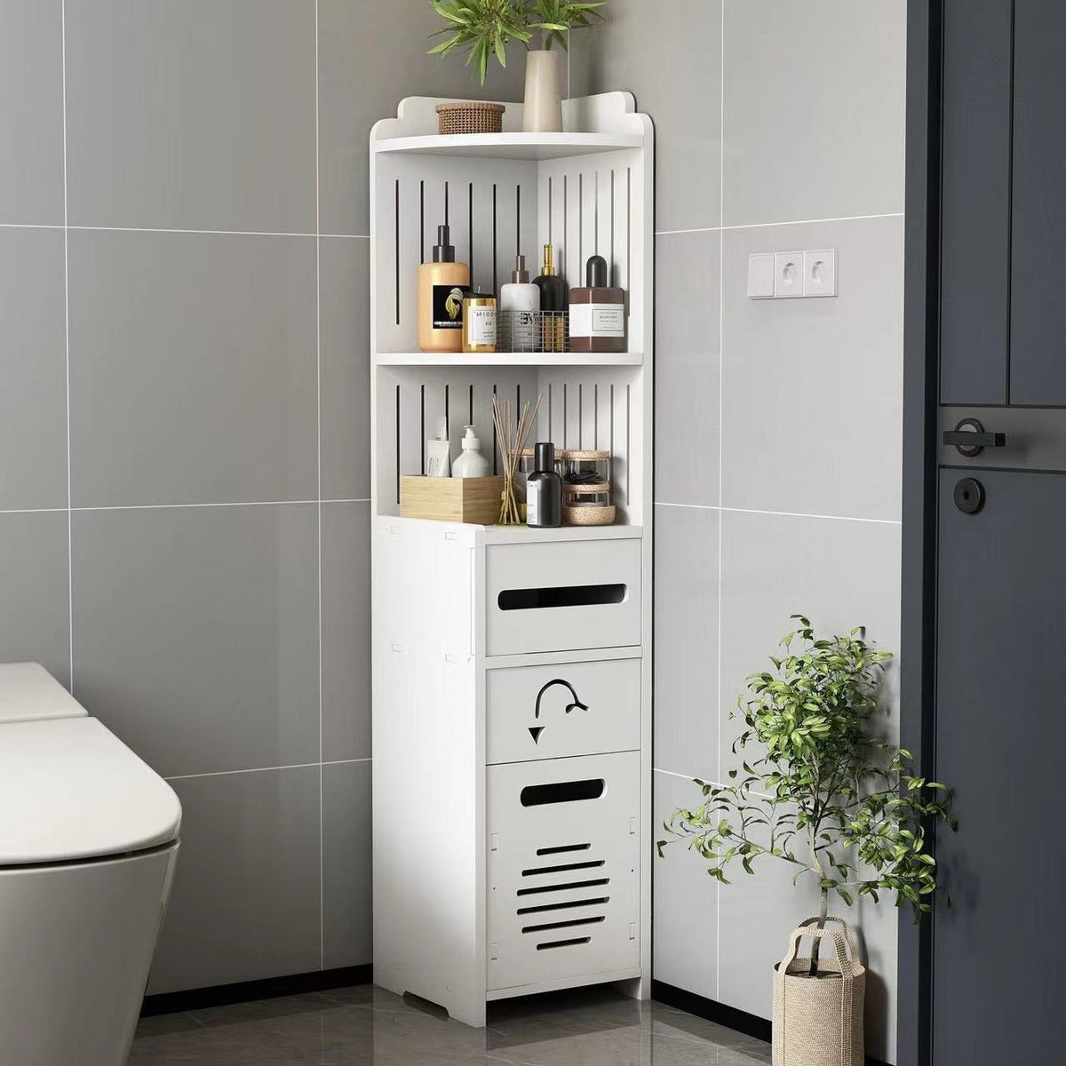 Dulap vertical pentru baie, 3 polite, 2 sertare 90x24x24 cm, alb