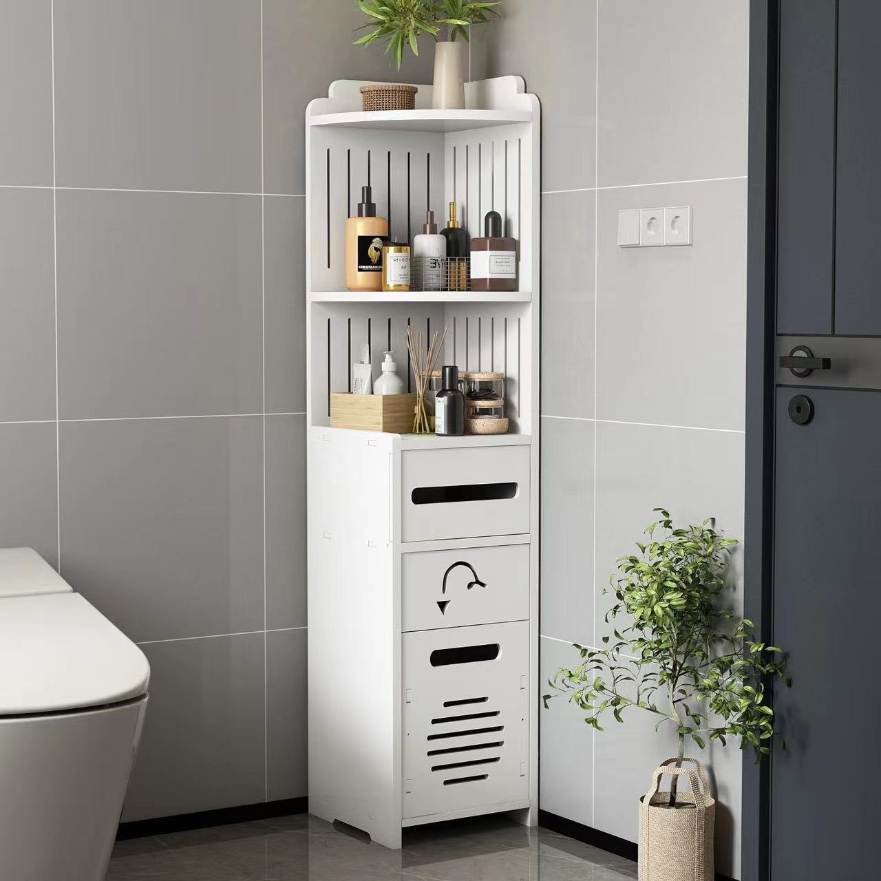 Dulap vertical pentru baie, 3 polite, 2 sertare 90x24x24 cm, alb