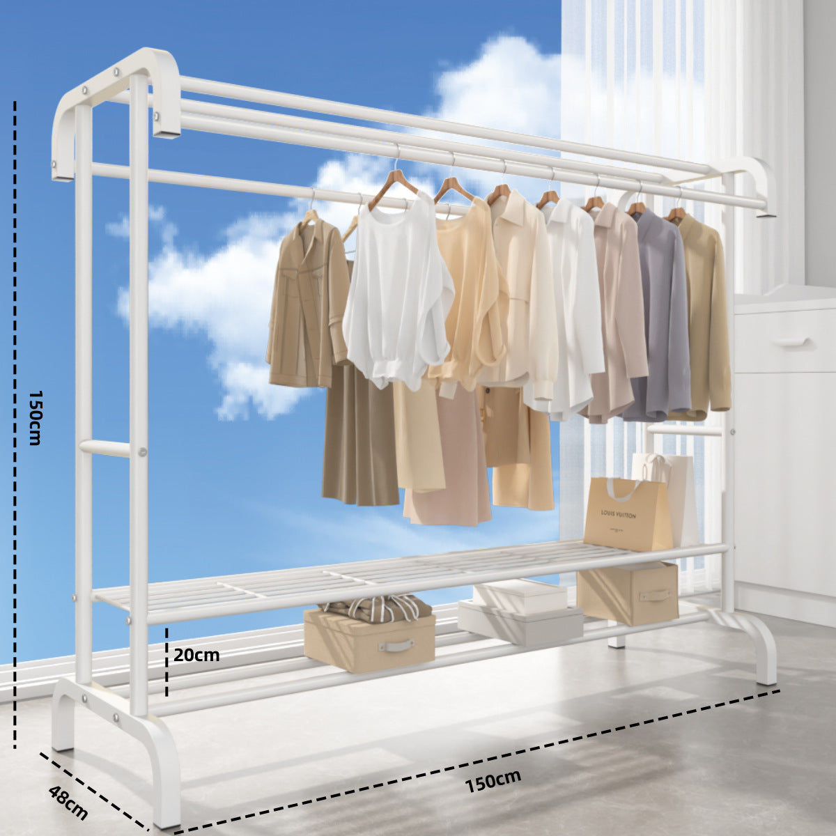 Suport dublu de umerase pentru haine, cu 2 suporti de pantofi, din metal, cu raft depozitare deasupra – 70KG greutate maxima, 150 x 110 x 50cm