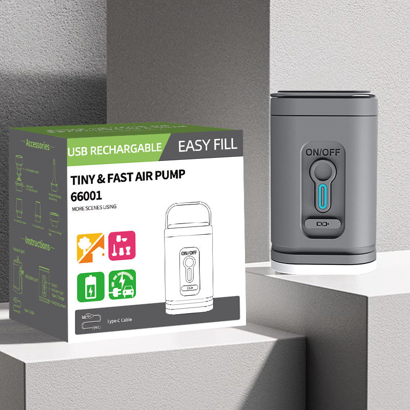 Pompa de aer electrică portabilă cu lanternă LED – 3 moduri luminoase, 5 duze, USB reîncărcabilă