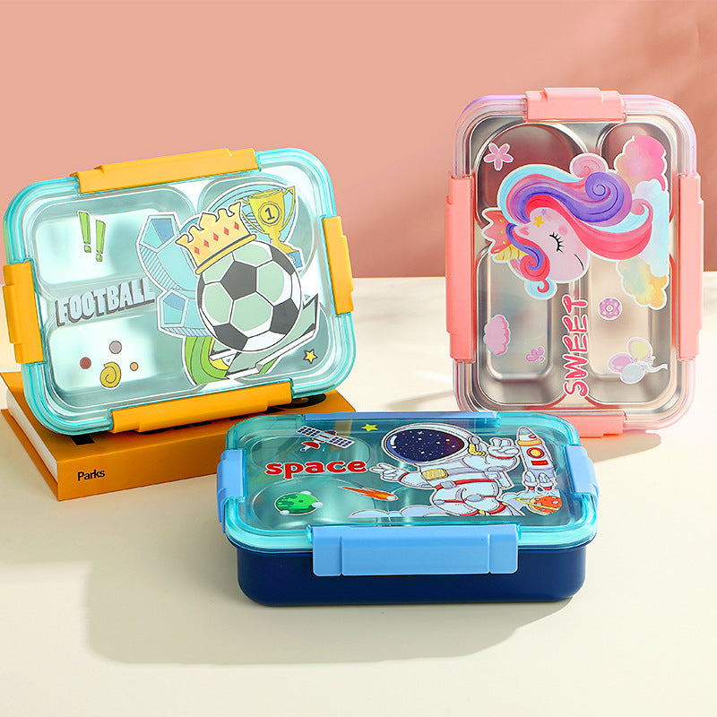 Caserola termica 4 compartimente din inox pentru copii cu lingurita, 900 ml, 16.8 X 22.6 X 6.5cm