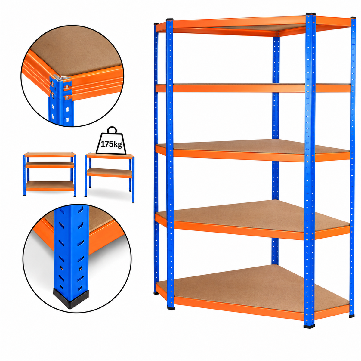 Raft metalic de colt, cu 5 polite, cadru otel galvanizat, polita MDF, 175 Kg/polita, 180x90x40 cm