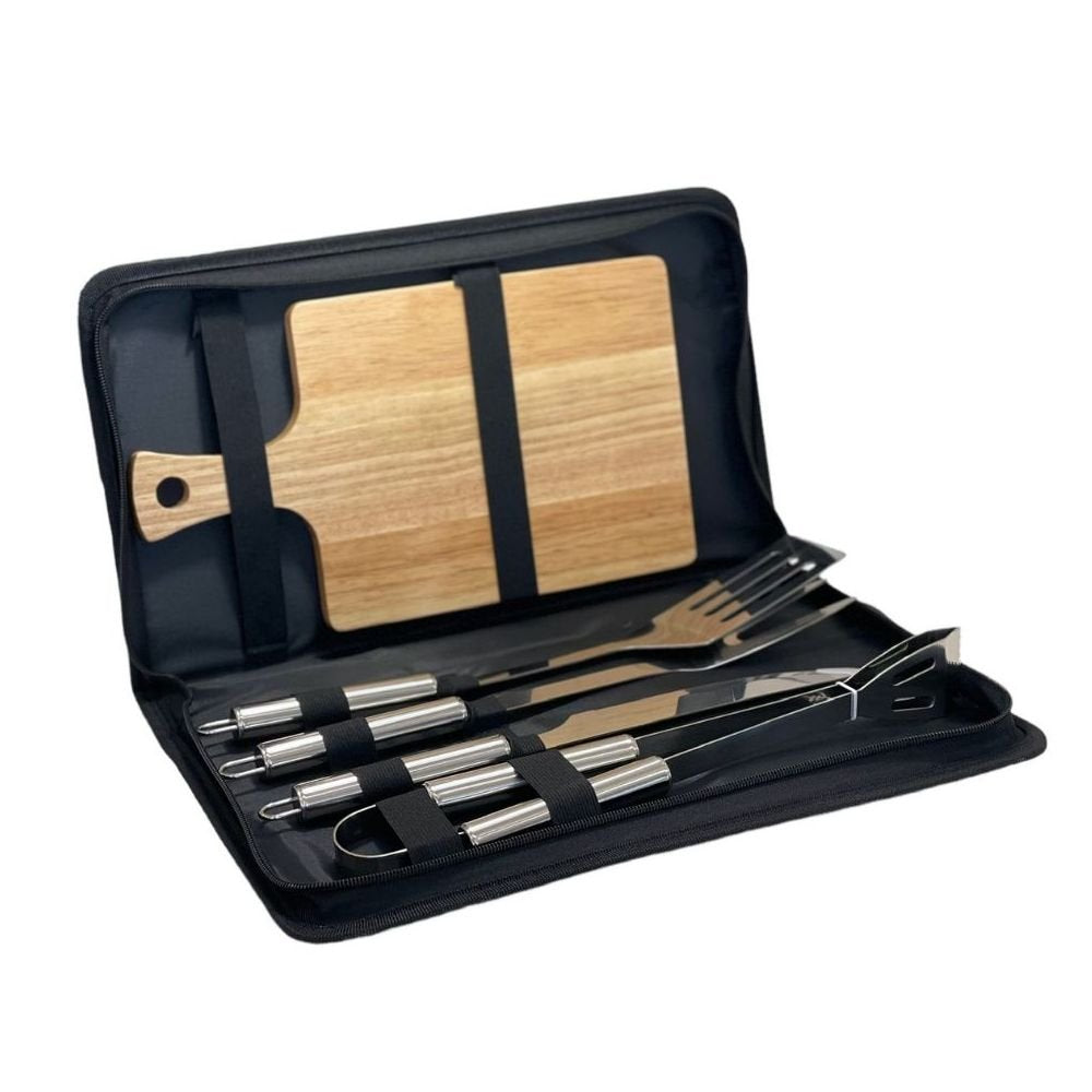 Set Ustensile pentru gratar, 5 piese, Geanta transport/depozitare, otel inoxidabil
