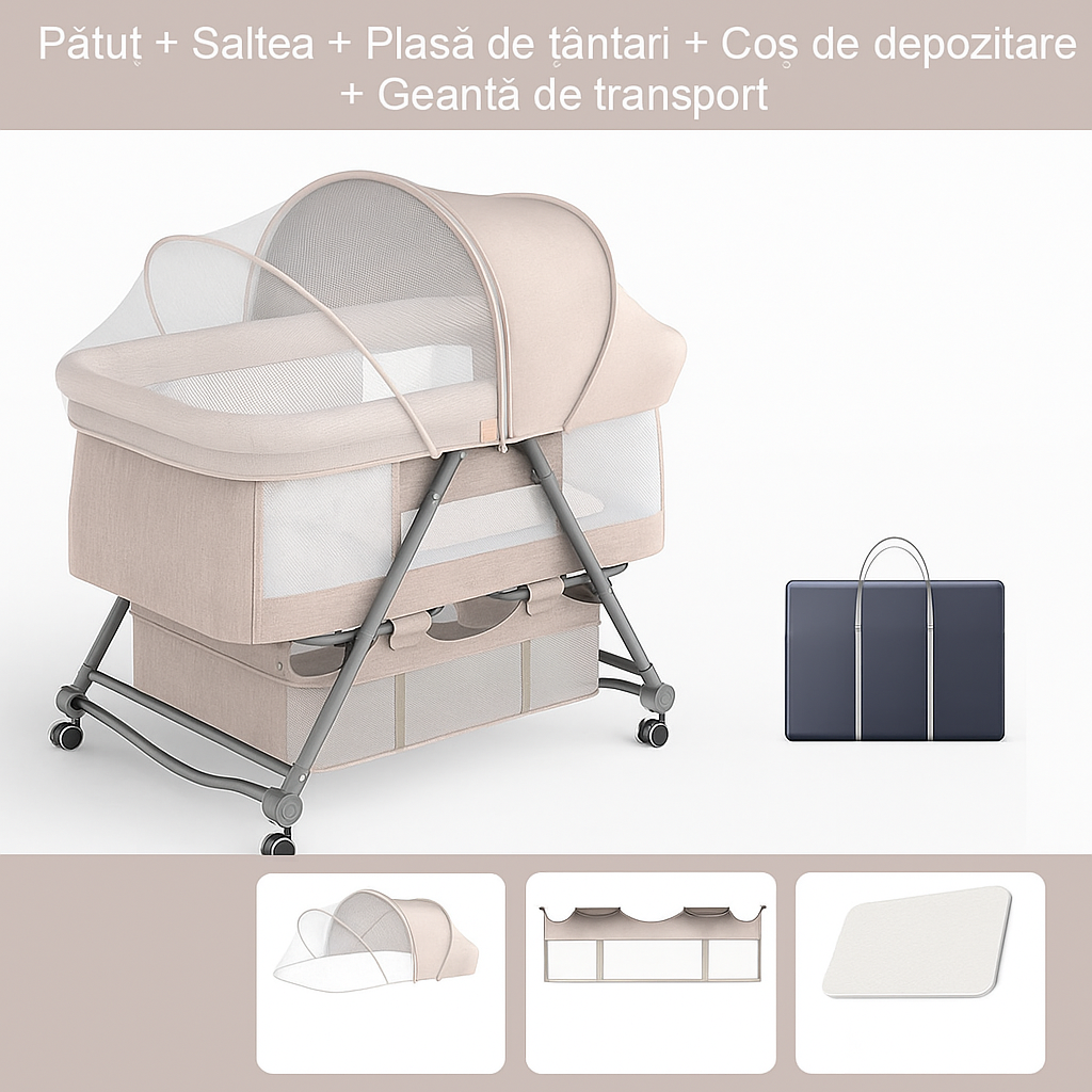 Patut Bebe Multifunctional – Portabil, Pliabil, cu Roti, cu Saltea,  Nou-Nascuti