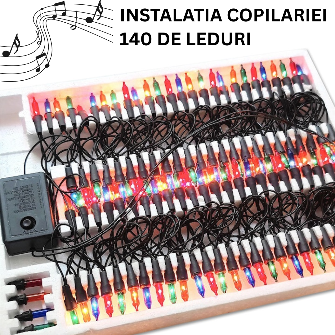 Instalatie Brad Craciun Multicolora Vintage Tip Anii 90, 140 Becuri LED, Muzicala cu Cantece Clasice