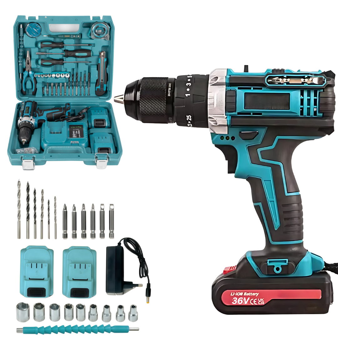 Trusa Bormasina 36V, cu 2 acumulatori si incarcator, mandrina metalica + Accesorii