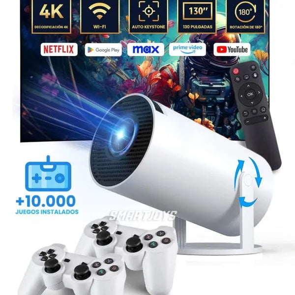 Videoproiector portabil, X10 Plus, 5000 lumeni, 4K Ultra HD, WiFi, Bluetooth 5.0, difuzor integrat, telecomanda, 10.000 jocuri incluse, Rotatie 180 grade, alb