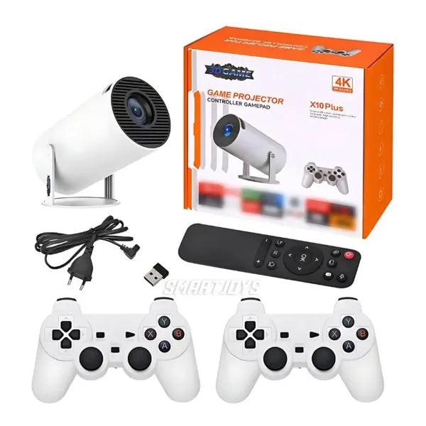 Videoproiector portabil, X10 Plus, 5000 lumeni, 4K Ultra HD, WiFi, Bluetooth 5.0, difuzor integrat, telecomanda, 10.000 jocuri incluse, Rotatie 180 grade, alb