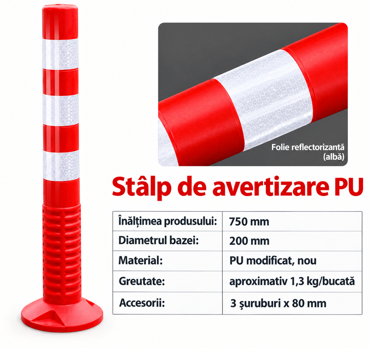 Stalpisor Delimitare Parcare PU 75cm Rosu Folie Reflectorizanta
