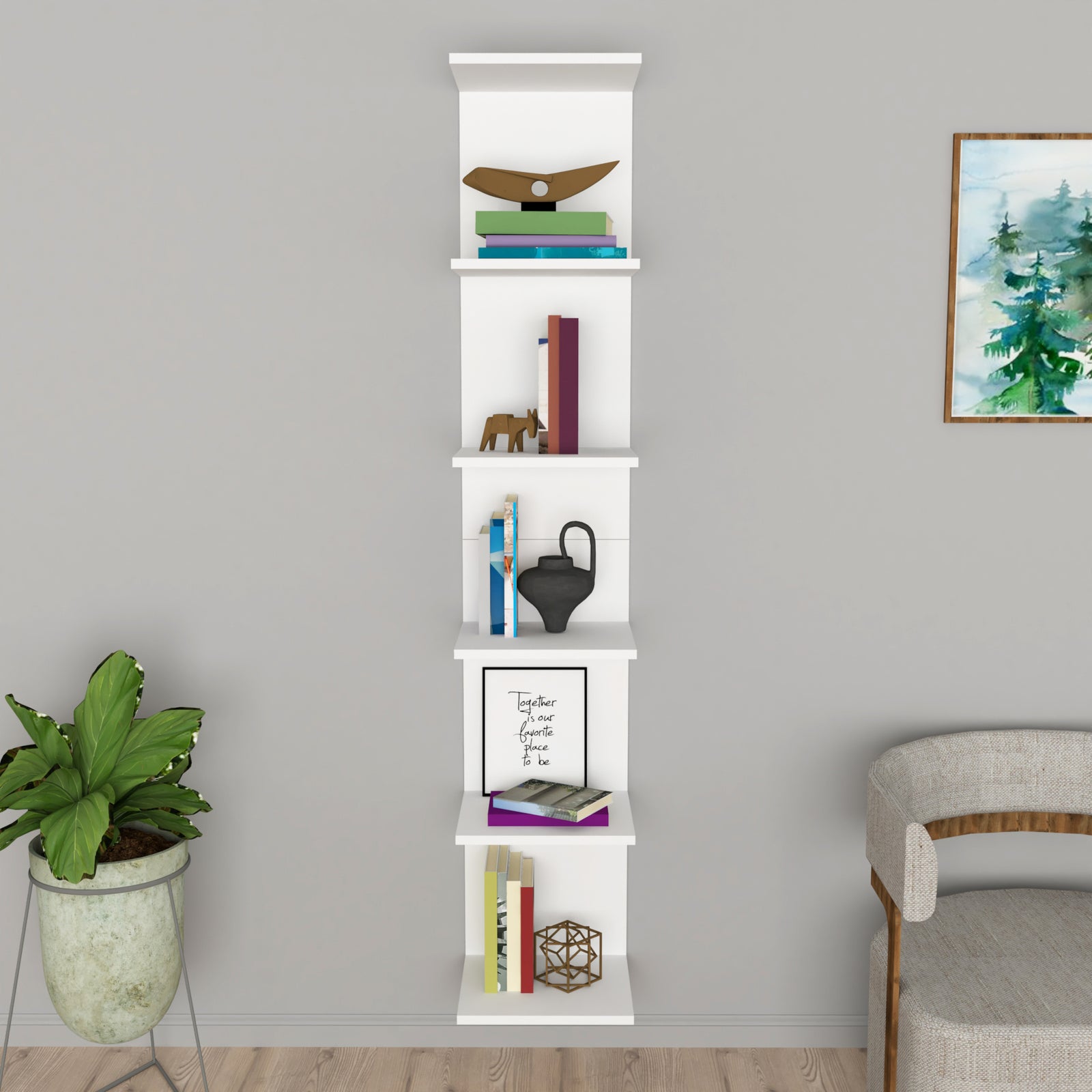 Bibliotecă de perete, 5 rafturi, design modern și compact, 180x34.6x31.5 cm