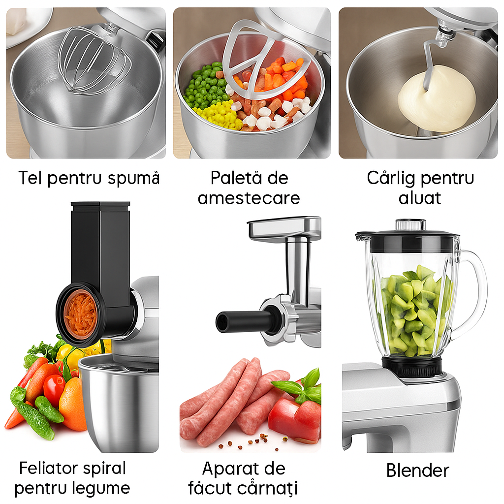 Robot de bucatarie 1400W cu bol inox 5.5L – mixer, tocator si blender multifunctional, argintiu