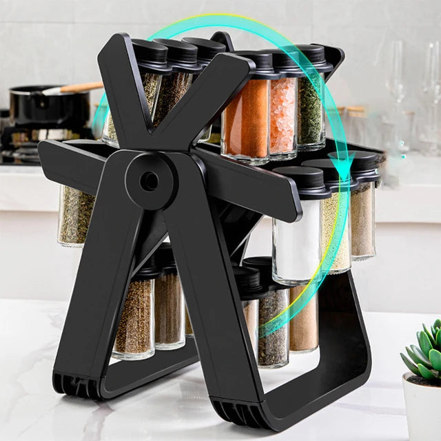Set 18 recipiente condimente cu suport rotativ, 34x23 cm, pivotant 360°,  negru