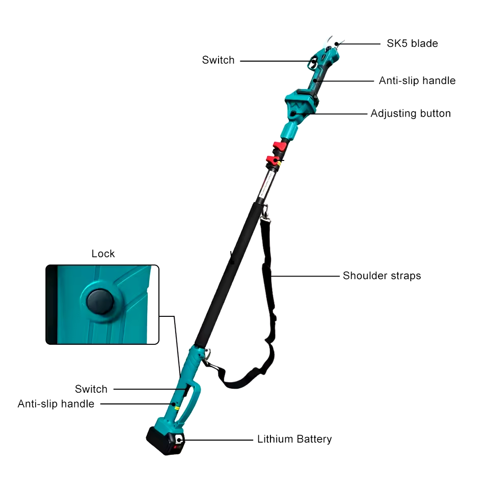 Foarfeca electrica pentru gradina , 21V, 2 Acumulatori, Brat Telescopic 2m, Unghi Reglabil de Taiere