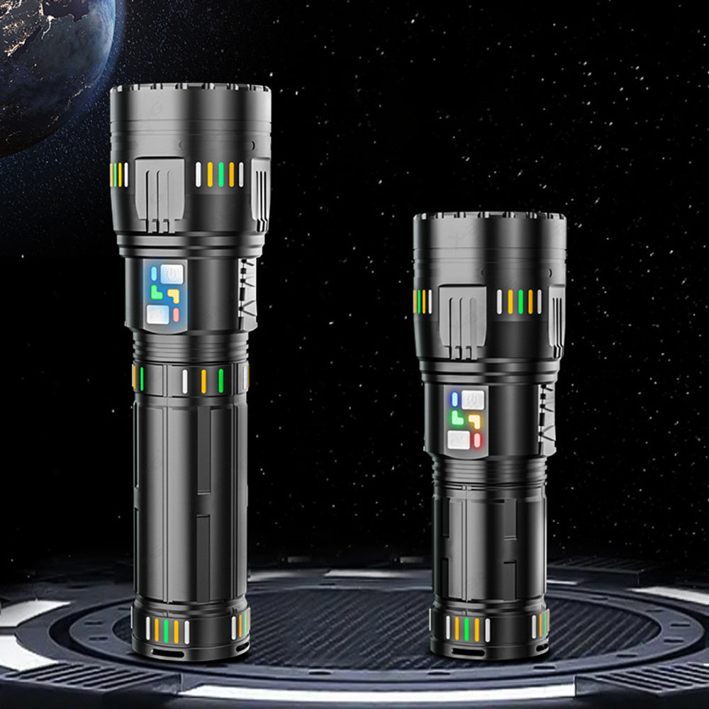 Lanterna profesionala cu led laser, 5km raza actiune, 30000 lumeni, 6 moduri luminare, 90W, incarcare USB-C, baterii incluse