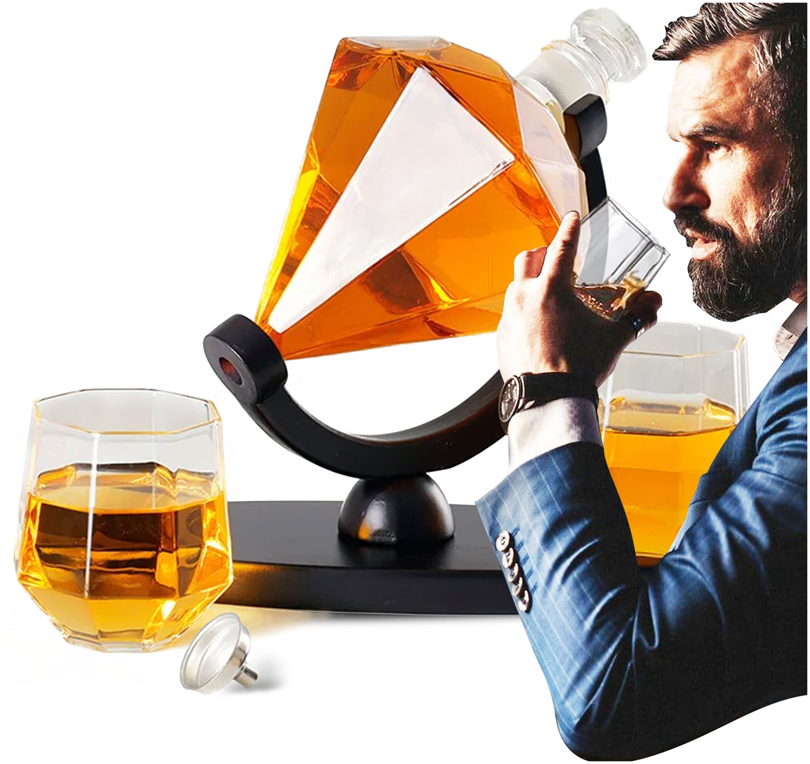 Set Decantor Whisky sub forma de Diamant cu suport de lemn si 2 pahare, 850ml