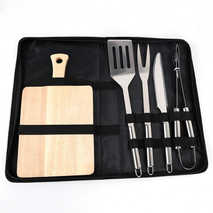 Set Ustensile pentru gratar, 5 piese, Geanta transport/depozitare, otel inoxidabil