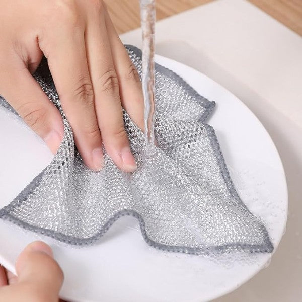 Set 10 lavete din microfibra metalica, abraziva, pentru vase, utilizare umeda si uscata, 20 x 20 cm, argintiu