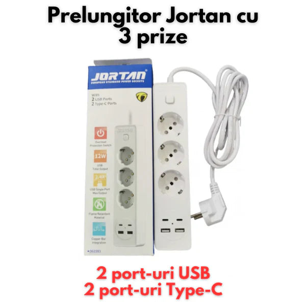 Prelungitor Jortan, 3,4 sau 5 prize + 2 porturi USB si 2 porturi USB C
