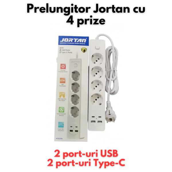 Prelungitor Jortan, 3,4 sau 5 prize + 2 porturi USB si 2 porturi USB C