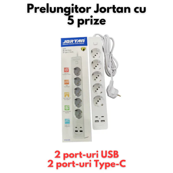 Prelungitor Jortan, 3,4 sau 5 prize + 2 porturi USB si 2 porturi USB C