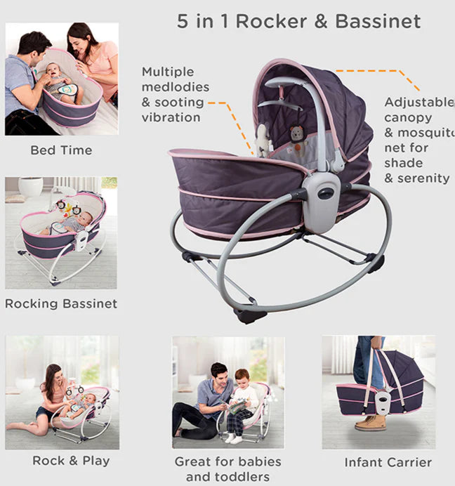 Balansoar 5 in 1 cu vibratii pentru copii si bebelusi, transformabil in landou si scaun copii, cu melodii, Mov