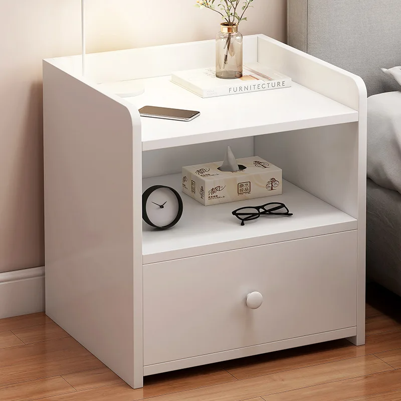 Noptiera PAL minimalista cu sertar si raft, 40x32x42cm, alb/gri