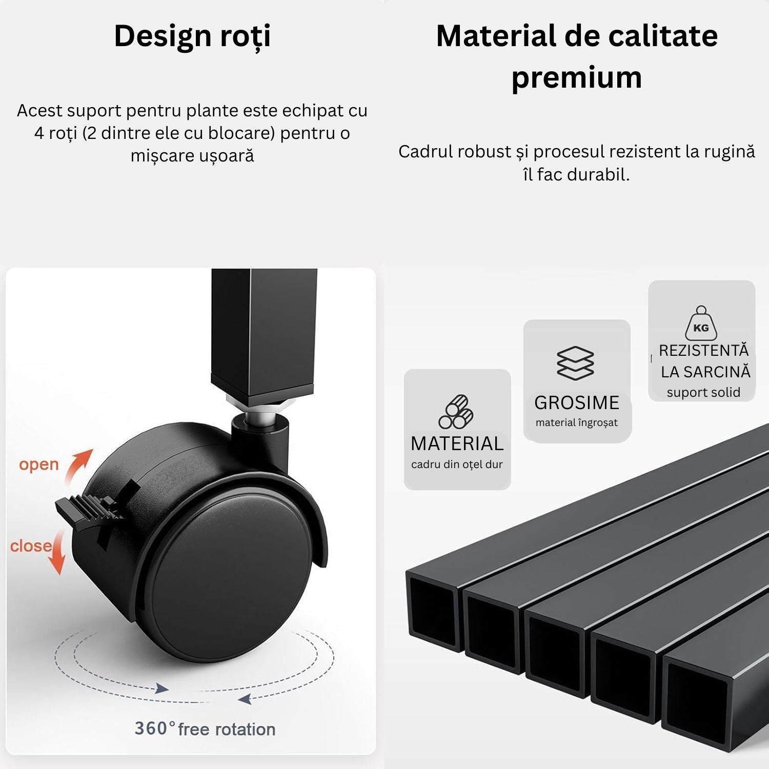 Etajeră plante cu 4 rafturi bambus și roți, cadru metalic – Negru, pentru interior/exterior, 145x48x10