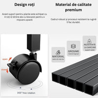 Etajeră plante cu 4 rafturi bambus și roți, cadru metalic – Negru, pentru interior/exterior, 145x48x10 - imagine 8