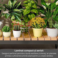 Etajeră plante cu 4 rafturi bambus și roți, cadru metalic – Negru, pentru interior/exterior, 145x48x10 - imagine 7