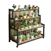 Etajeră plante cu 4 rafturi bambus și roți, cadru metalic – Negru, pentru interior/exterior, 145x48x10 - imagine 4