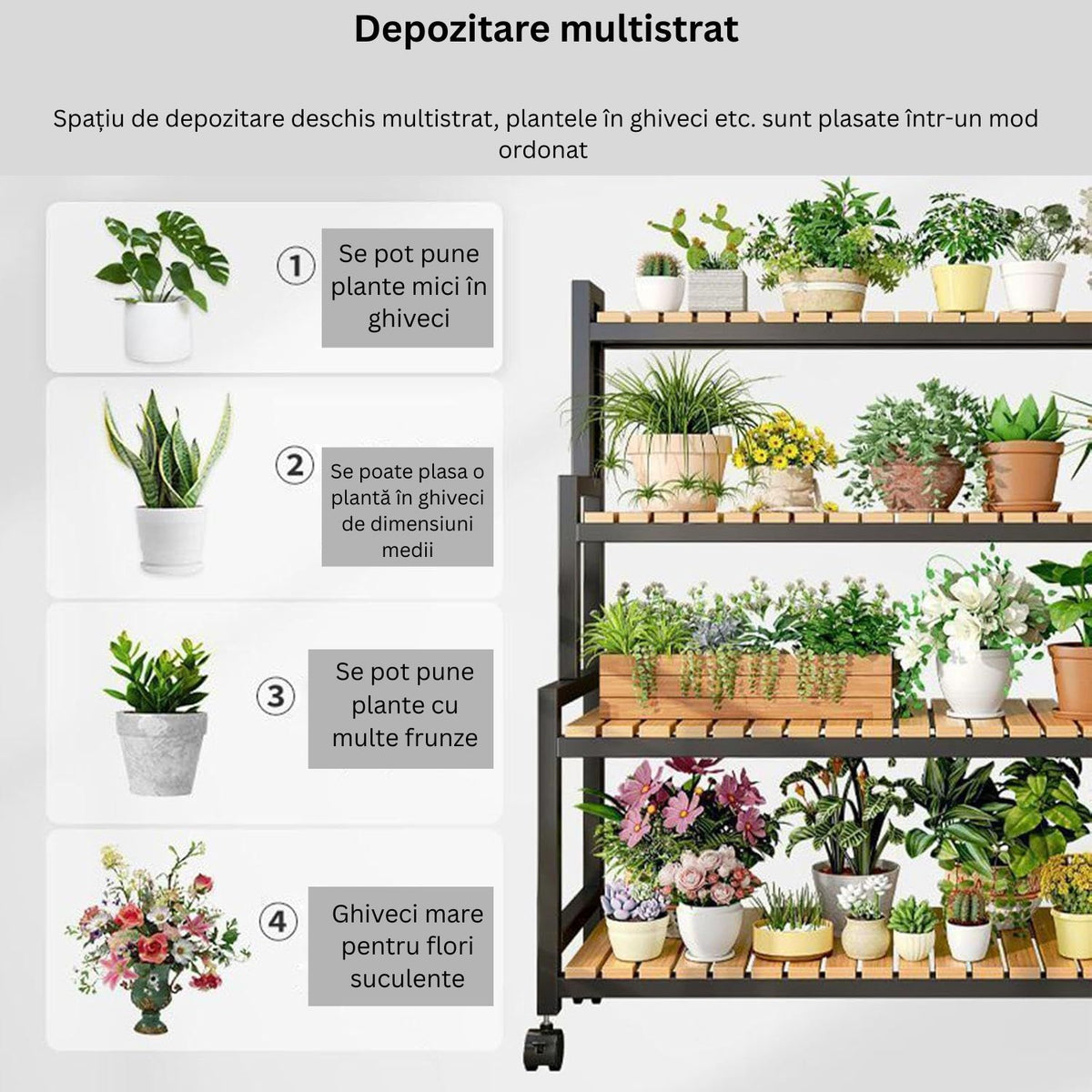 Etajeră plante cu 4 rafturi bambus și roți, cadru metalic – Negru, pentru interior/exterior, 145x48x10