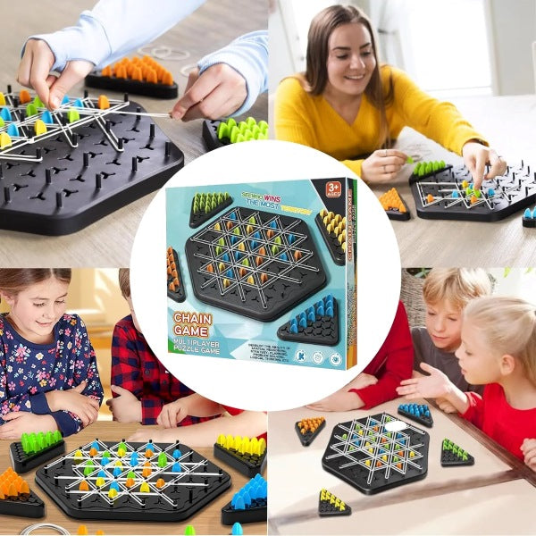 Joc interactiv de sah, educativ, cu benzi de cauciuc si triunghiuri geometrice, pentru copii