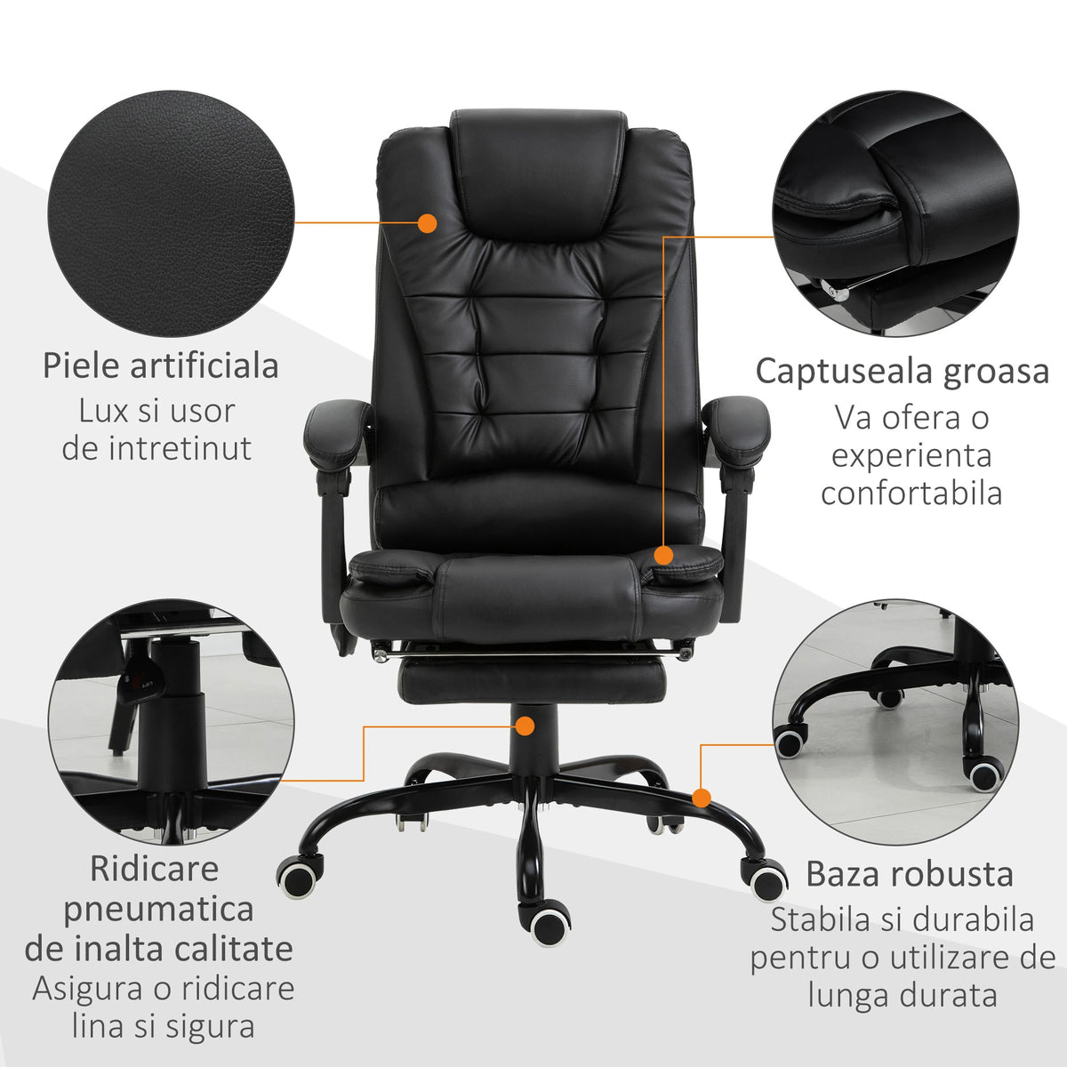 Scaun de Birou Ergonomic Directorial, Piele Ecologică, Recliner și Suport pentru Picioare