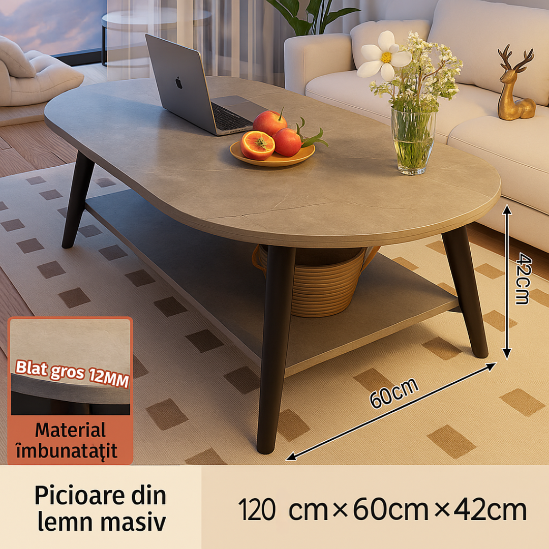 Masuta cafea ovala pentru sufragerie, din lemn MDF, 4 picioare