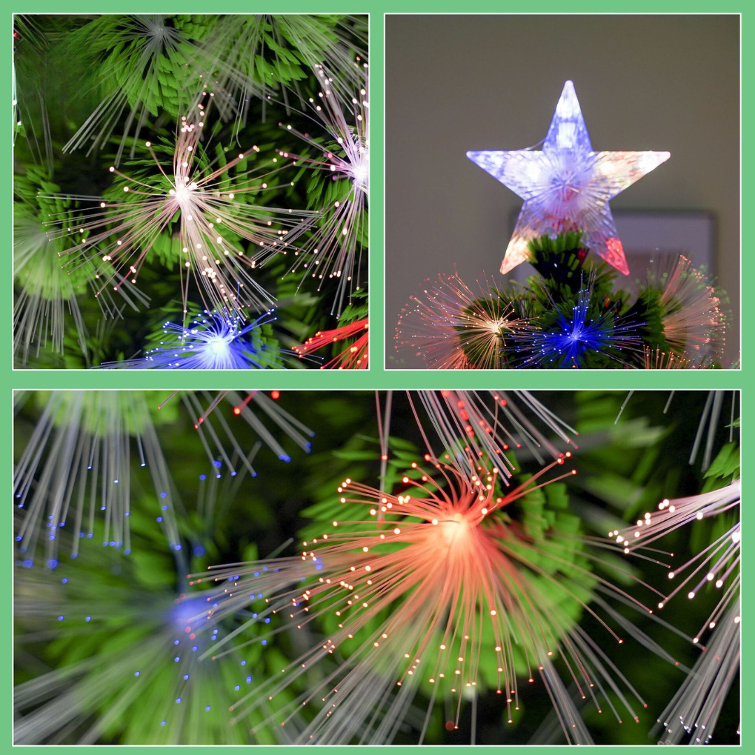 Brad artificial cu fibra optica multicolora si LED-uri, suport metalic, 120cm pana la 240cm