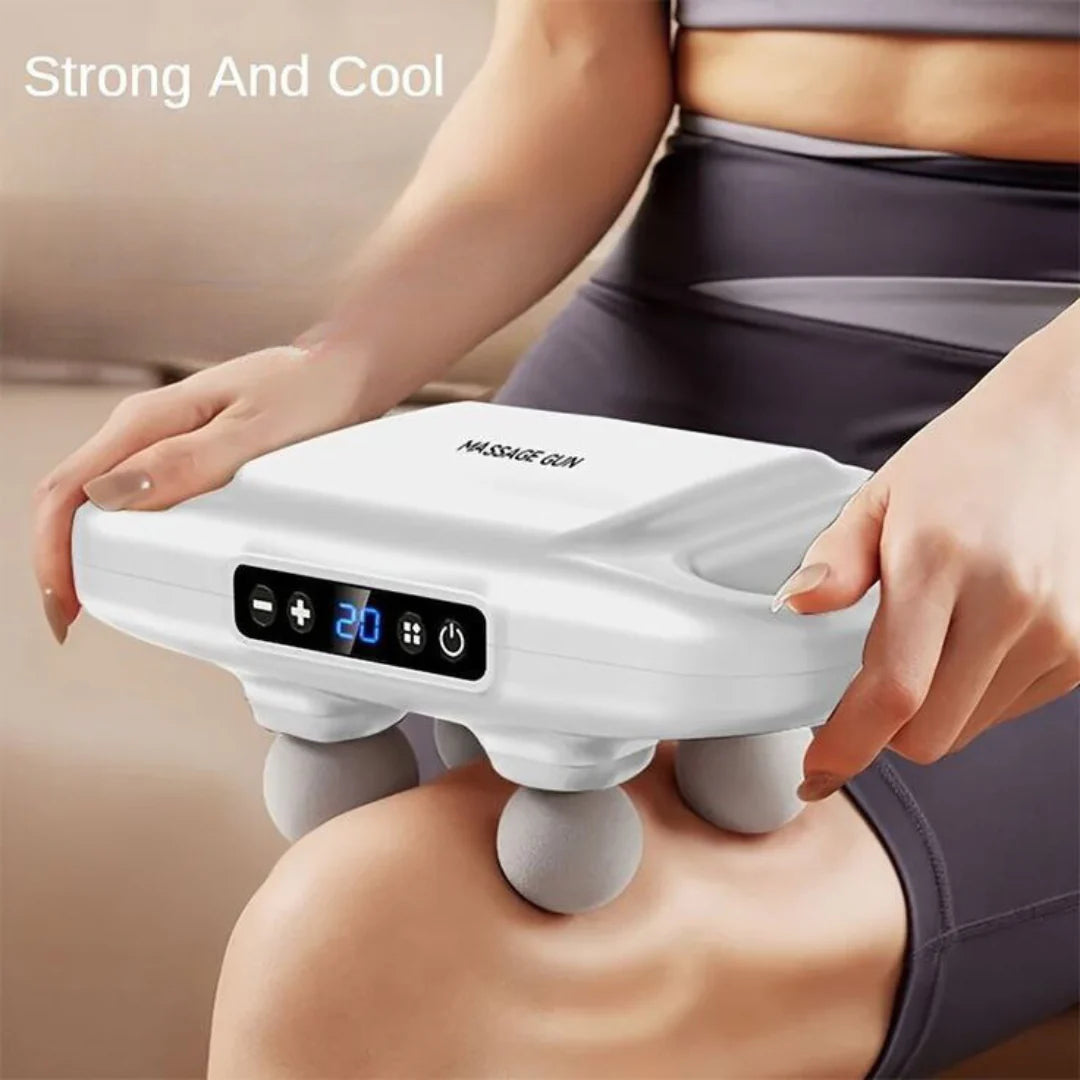 Aparat pentru masaj, Dispozitiv profesional cu 4 capete, 9 viteze reglabile, 19 000 percutii / min, temporizator inteligent, baterie 2000mAh reincarcabila