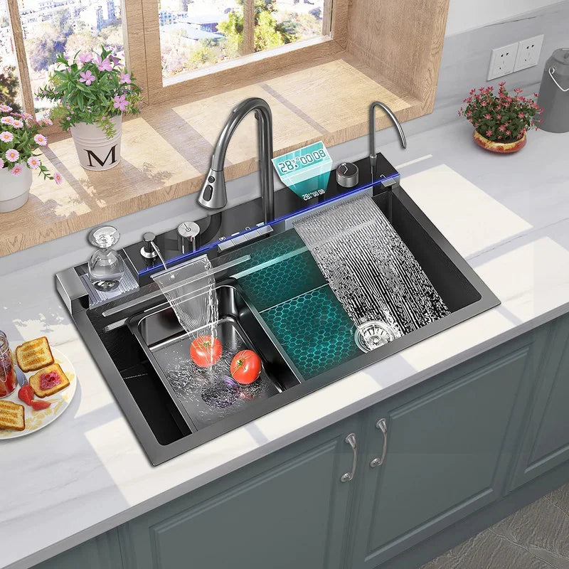 Chiuveta multifunctionala cu 2 cascade cu accesorii incluse, afisaj digital a temperaturii si robinet cascada, culoare negru grafit