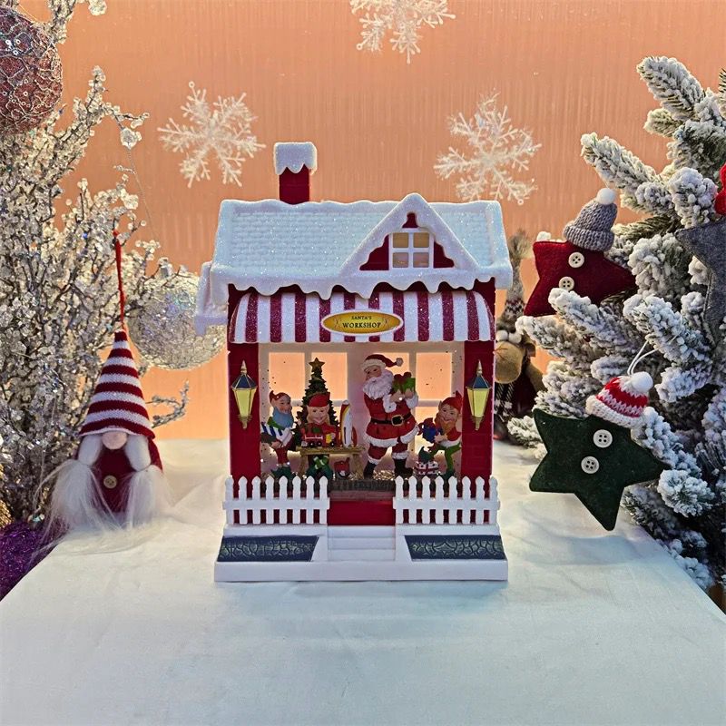 Decoratiune Craciun premium, scena Mos Craciun si spiridusi cu sclipici si muzica