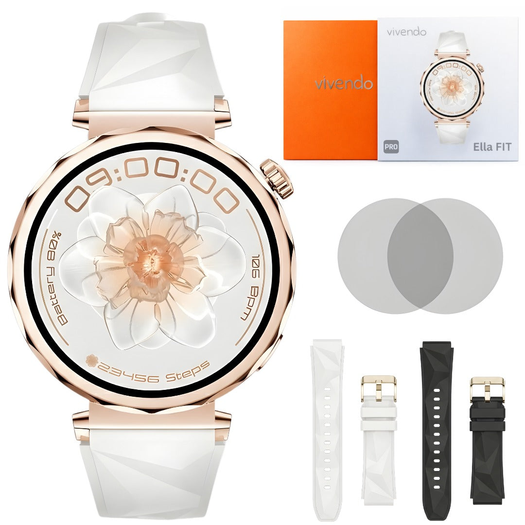 Ceas Smartwatch Dama ELLA Vivendo®, Ecran AMOLED 1.32", Fitness, Apel Bluetooth, Notificari Limba Romana, Asistent Vocal &amp; ChatGPT AI, Incarcare Wireless, Rezistent Apa IP68, 2 Curele Incluse