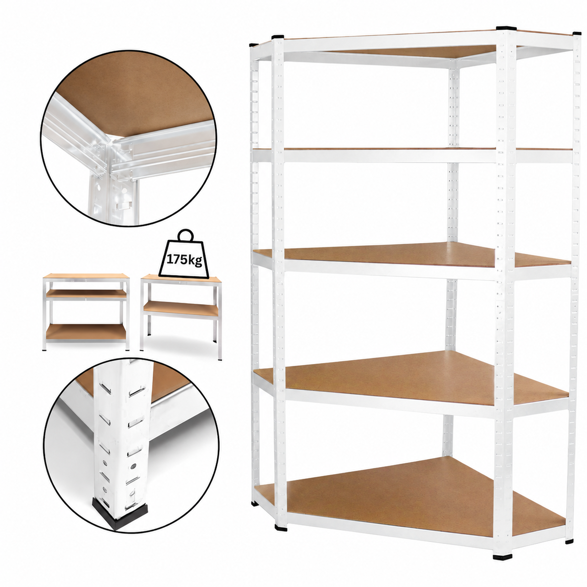 Raft metalic de colt, cu 5 polite, cadru otel galvanizat, polita MDF, 175 Kg/polita, 180x90x40 cm