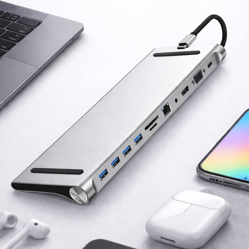 Adaptor hub USB-C 11 in 1 cu HDMI 4K, LAN, VGA, USB 3.0 si cititor card