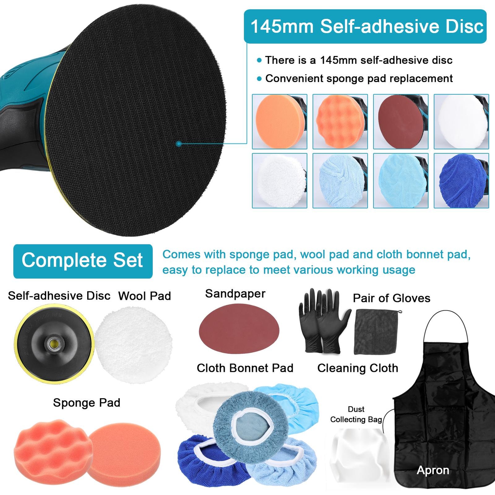 Aparat Polish Auto, 2 Acumulatori 12V, fara fir, portabil, 2500-5000 Rpm, 8 Viteze, Albastru/Negru