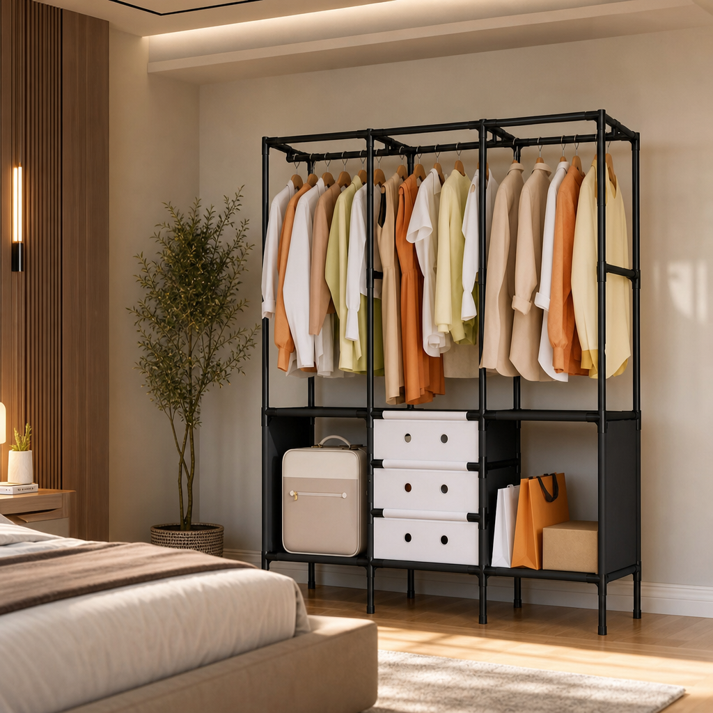 Dulap Textil Modular 122x41x188cm cu Usi Rabatabile Organizator Haine Cadru Metalic - detaliu produs