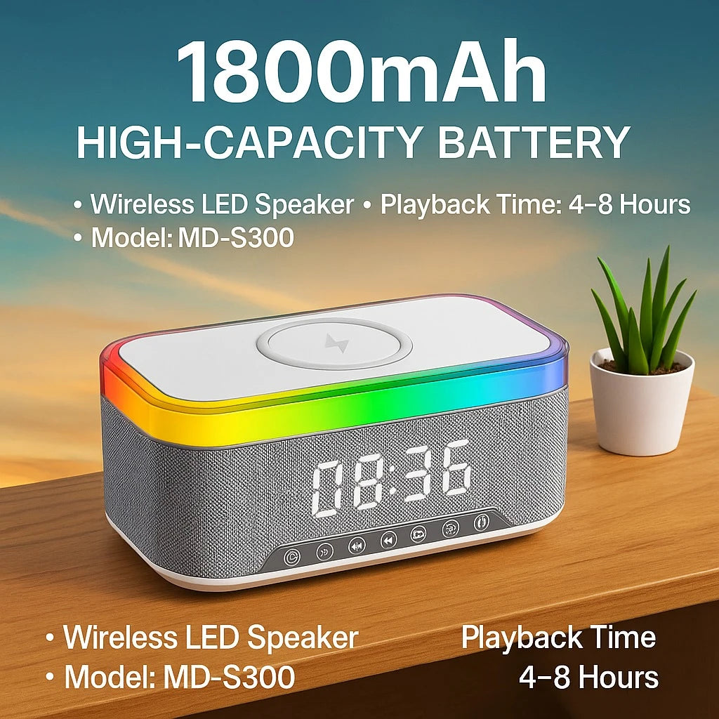 Ceas Digital 6in1 cu Incarcare Wireless 15W Boxa Bluetooth Lampa LED Radio FM - detaliu produs