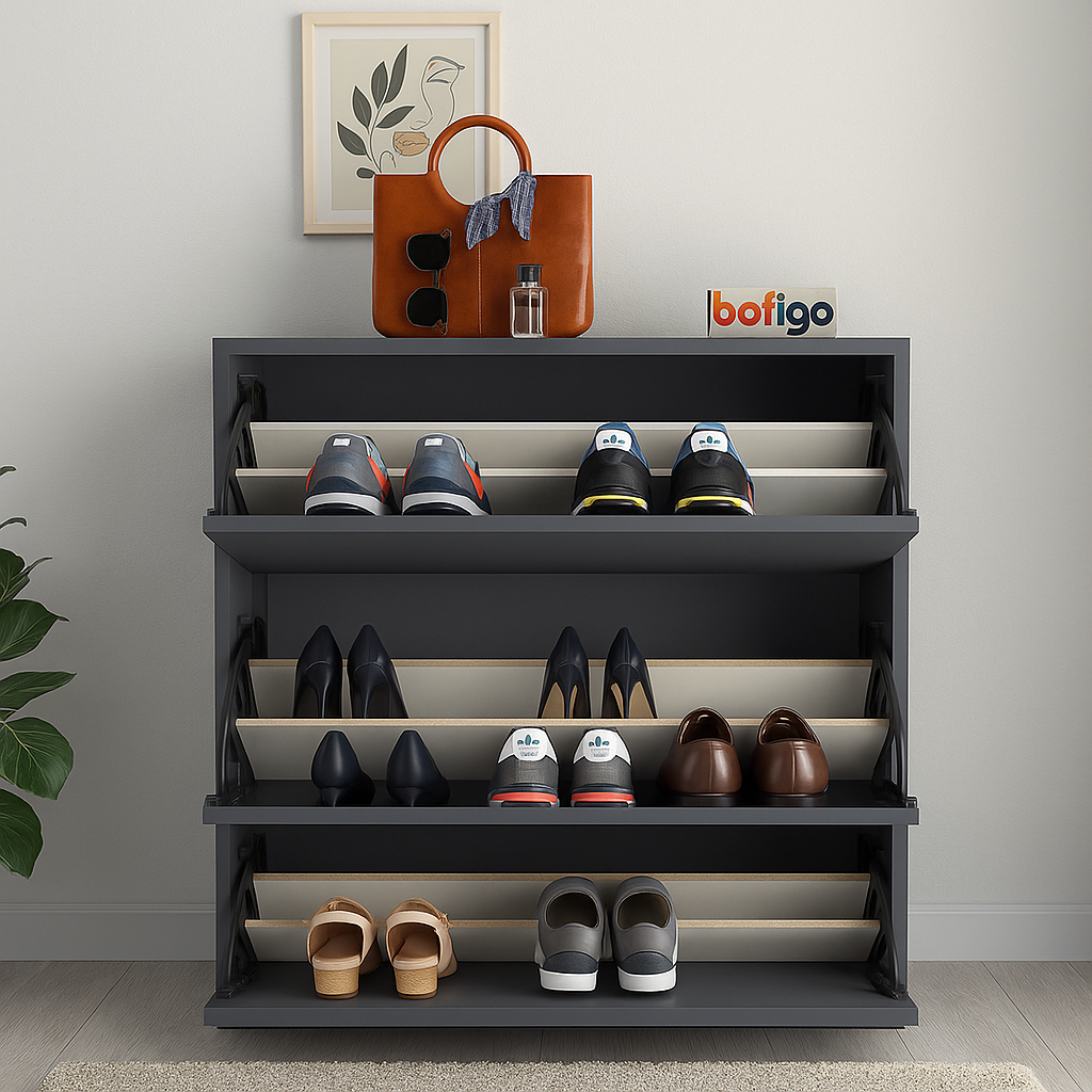 Pantofar cu usa rabatabila si rafturi glisante, 3 compartimente, PAL melaminat de 18 mm, 110  x 73,5  x 22 cm