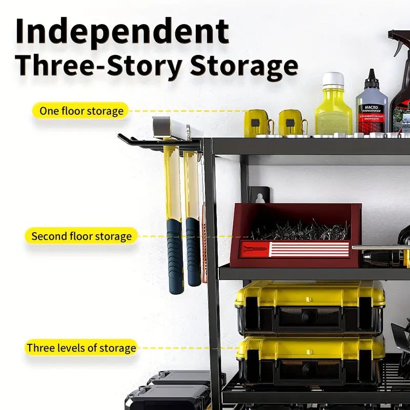 Raft pentru scule si unelte, din metal, cu montare pe perete, dimensiuni 60x41.5x24.5 cm, cu 4 compartimente de depozitare, carlige pentru agatare, negru