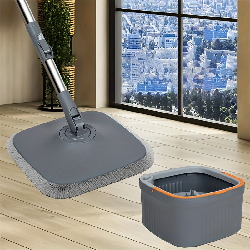 Set mop rotativ 360° cu galeata centrifuga, separare apa curata de apa murdara, sistem evacuare apa, 4 rezerve, gri