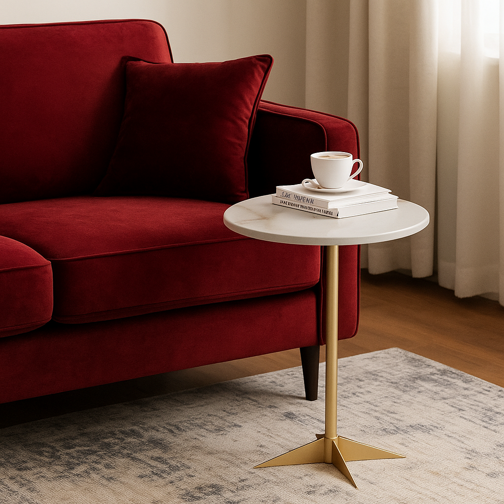 Masuta rotunda moderna cu blat tip marmura si picior metalic stabil 40 x 50 cm