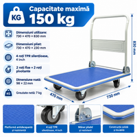 Carucior platforma, pliabil pentru transport marfa, capacitate pana la 300 kg