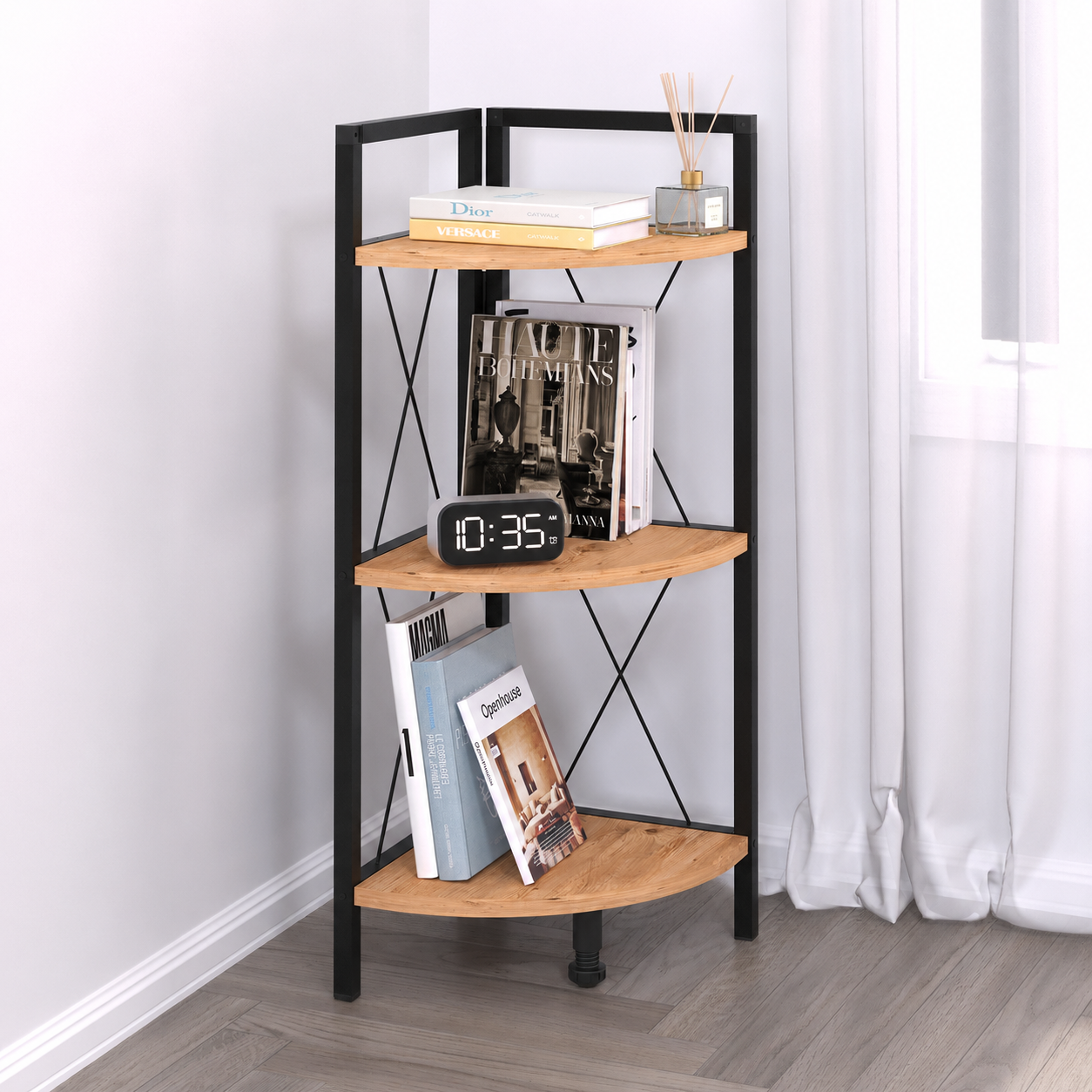 Etajera de colt din PAL si metal 33,5x33,5x87,3 cm, cu 3 rafturi, pentru living, baie sau birou